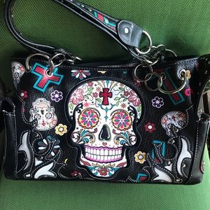 Sugar Skull Satchel Bag - Black Faux Leather